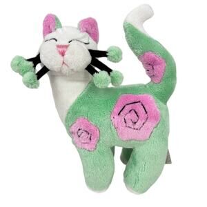 Whimsy Clay Cat Plush Green Pink Flowers Amy Lacombe Lil Flora 8.5 Inch